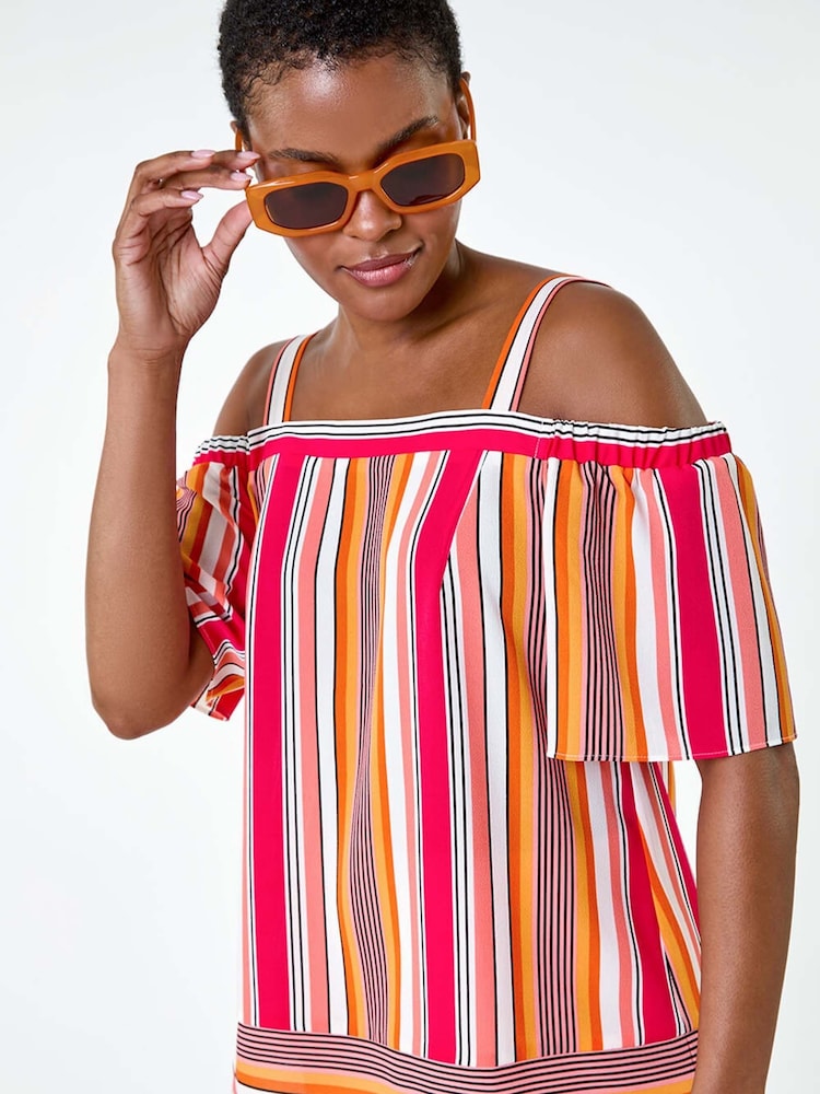 Roman Orange Stripe Print Cold Shoulder Bardot Top - Image 1 of 5