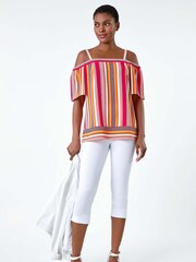 Roman Orange Stripe Print Cold Shoulder Bardot Top - Image 2 of 5