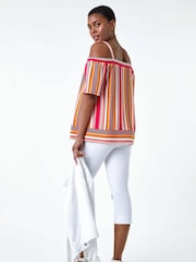 Roman Orange Stripe Print Cold Shoulder Bardot Top - Image 3 of 5