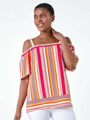 Roman Orange Stripe Print Cold Shoulder Bardot Top - Image 4 of 5