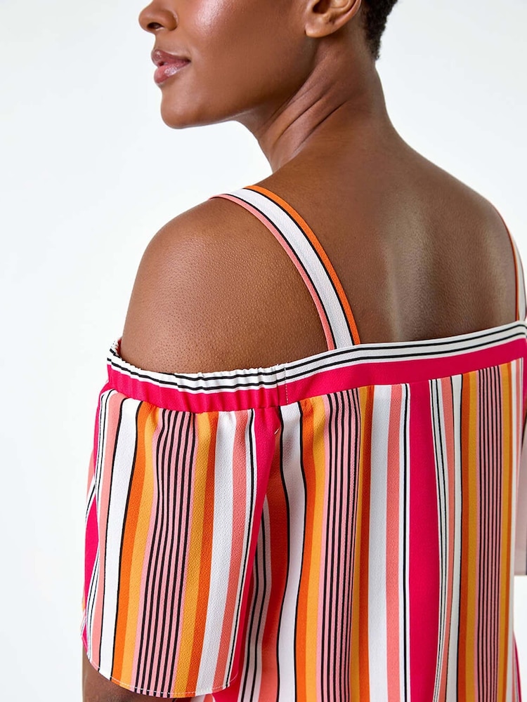 Roman Orange Stripe Print Cold Shoulder Bardot Top - Image 5 of 5