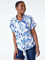 Roman Blue Paisley Leaf Print Tie Front Top - Image 1 of 5
