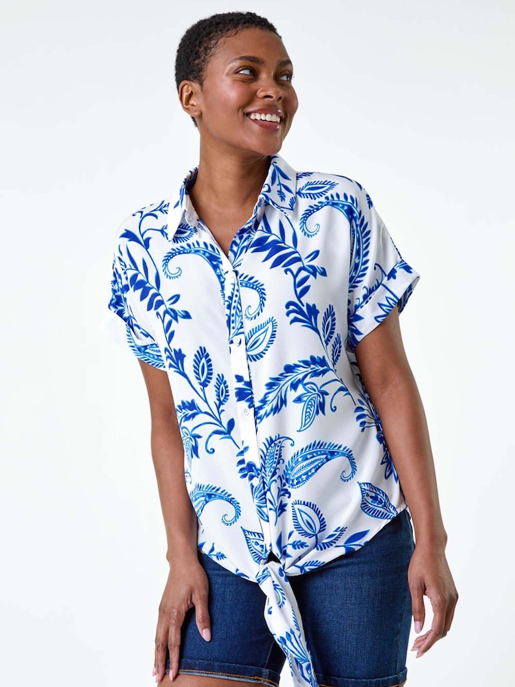Roman Blue Paisley Leaf Print Tie Front Top - Image 1 of 5