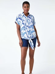 Roman Blue Paisley Leaf Print Tie Front Top - Image 2 of 5