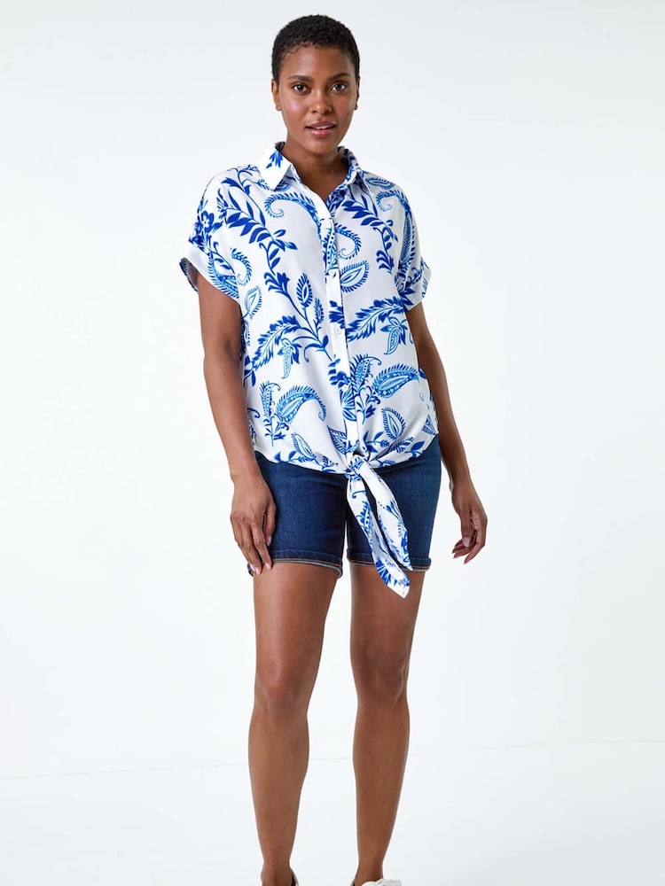 Roman Blue Paisley Leaf Print Tie Front Top - Image 2 of 5