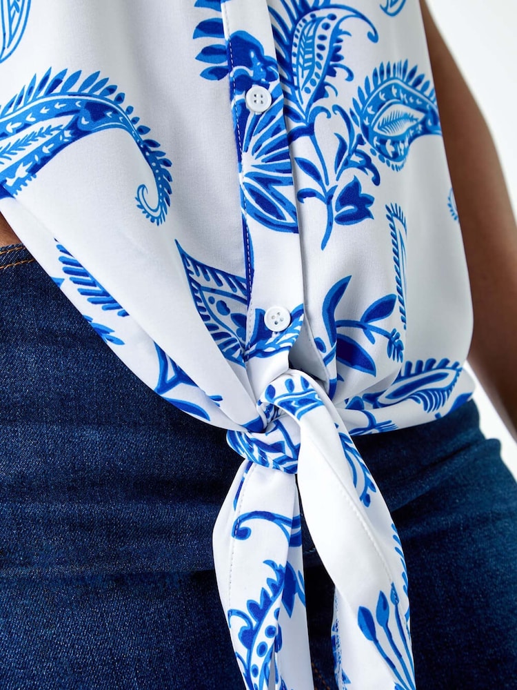 Roman Blue Paisley Leaf Print Tie Front Top - Image 5 of 5