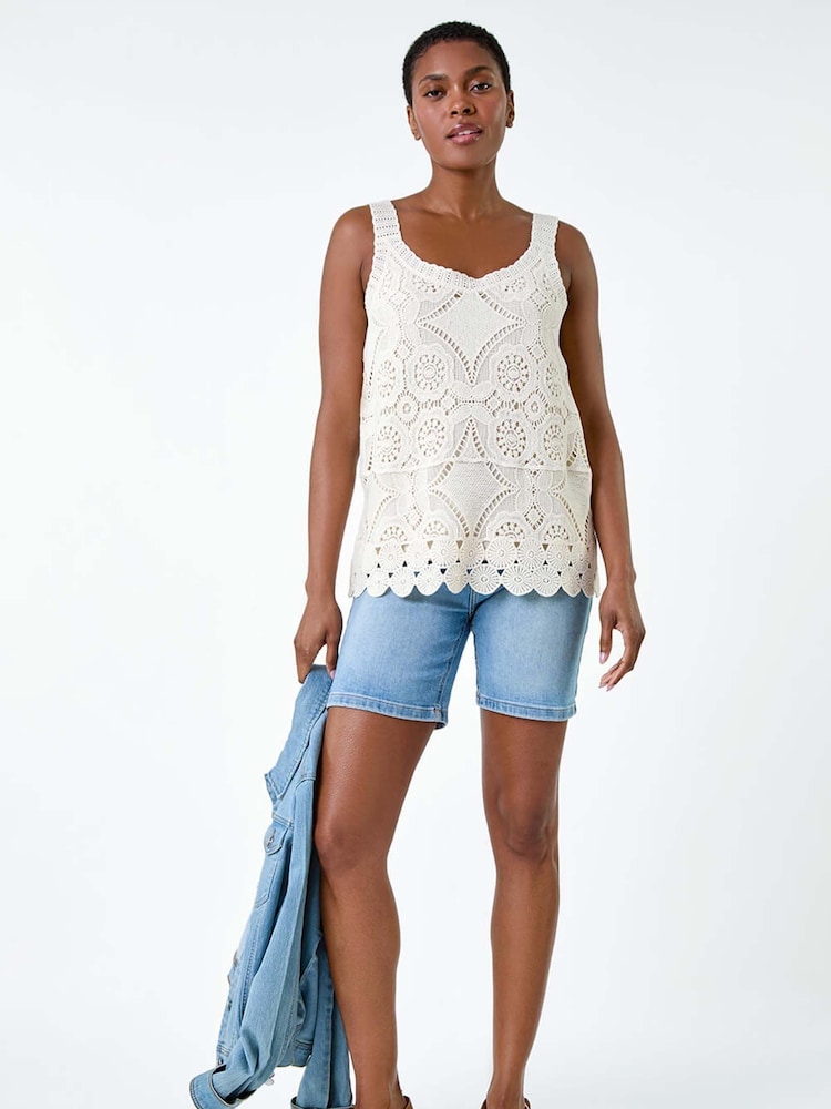 Natural - Roman 100% Cotton Crochet Knit Vest Top - Imagen 2 de 5 Natural - Roman 100% Cotton Crochet Knit Vest Top - Imagen 2 de 5