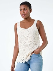 Roman Natural 100% Cotton Crochet Knit Vest Top - Image 4 of 5