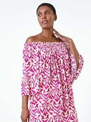 Roman Pink Aztec Print Shirred Stretch Bardot Top - Image 1 of 5