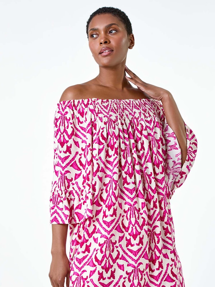 Roman Pink Aztec Print Shirred Stretch Bardot Top - Image 1 of 5