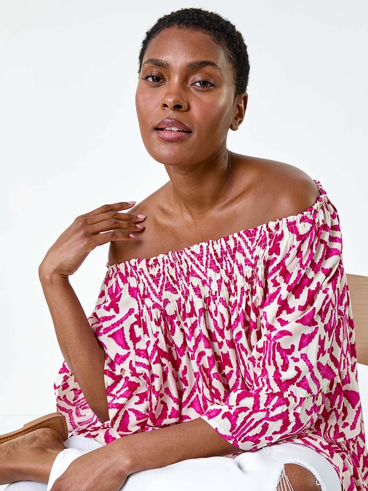 Roman Pink Aztec Print Shirred Stretch Bardot Top - Image 2 of 5
