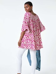 Roman Pink Aztec Print Shirred Stretch Bardot Top - Image 4 of 5
