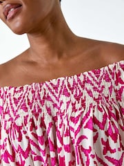 Roman Pink Aztec Print Shirred Stretch Bardot Top - Image 5 of 5