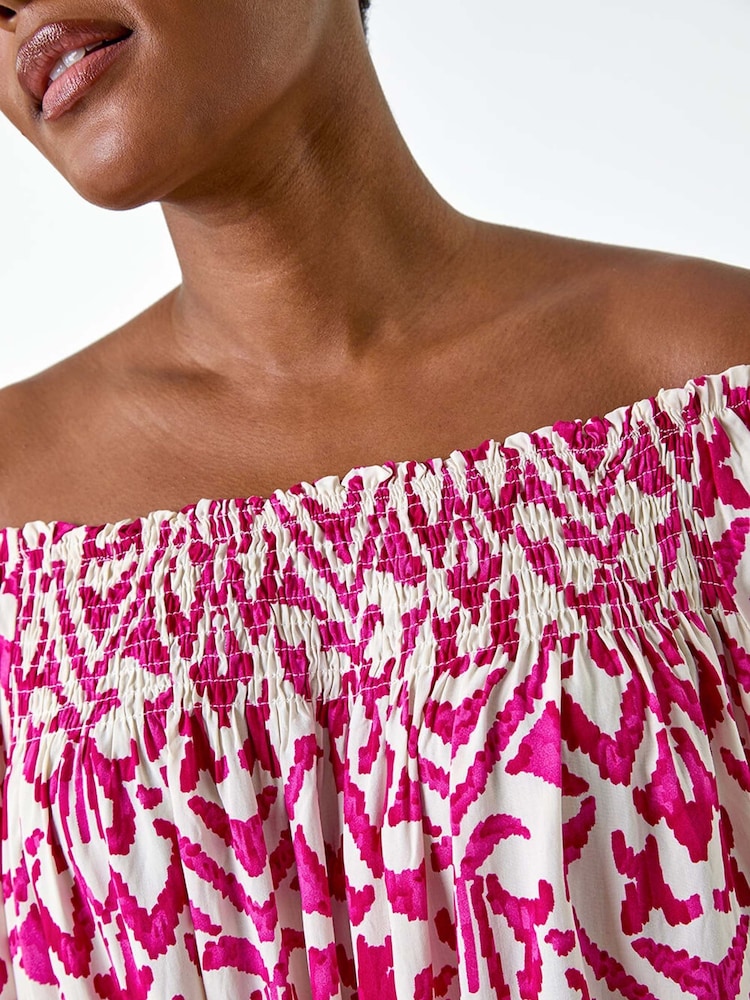 Roman Pink Aztec Print Shirred Stretch Bardot Top - Image 5 of 5