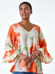 Roman Orange Floral Print Frill Sleeve Top - Image 1 of 5