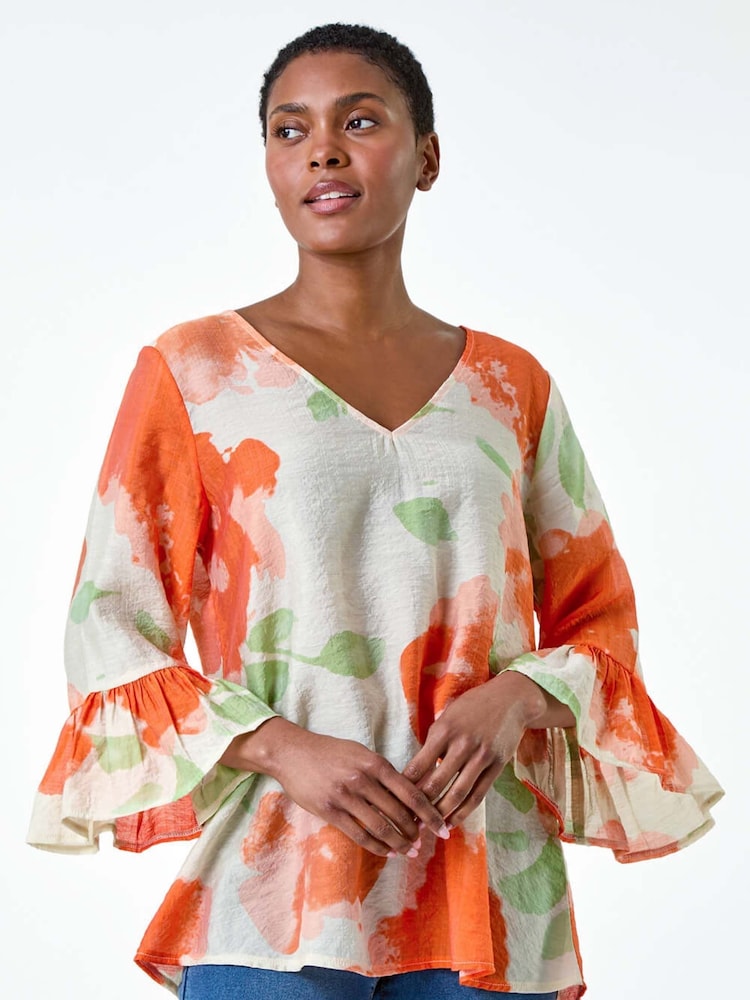 Roman Orange Floral Print Frill Sleeve Top - Image 1 of 5