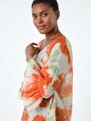 Roman Orange Floral Print Frill Sleeve Top - Image 2 of 5