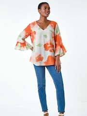 Roman Orange Floral Print Frill Sleeve Top - Image 3 of 5