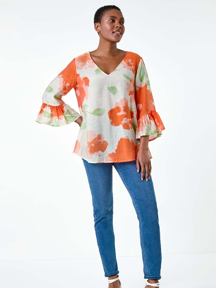Roman Orange Floral Print Frill Sleeve Top - Image 3 of 5
