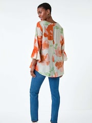 Roman Orange Floral Print Frill Sleeve Top - Image 4 of 5