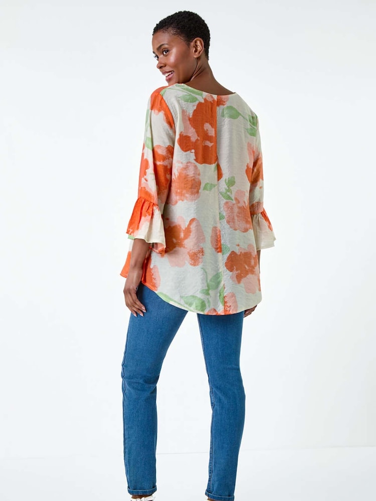 Roman Orange Floral Print Frill Sleeve Top - Image 4 of 5
