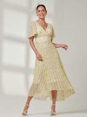 Jolie Moi Yellow & Blue Floral Pleated Dip Hem Chiffon Maxi Dress - Image 1 of 7
