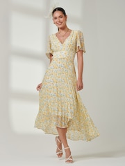 Jolie Moi Yellow & Blue Floral Pleated Dip Hem Chiffon Maxi Dress - Image 4 of 7