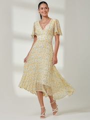 Jolie Moi Yellow & Blue Floral Pleated Dip Hem Chiffon Maxi Dress - Image 5 of 7