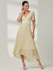 Jolie Moi Yellow & Blue Floral Pleated Dip Hem Chiffon Maxi Dress - Image 6 of 7