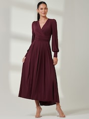 Jolie Moi Burgundy Red Long  Sleeve Soft Silky Jersey Maxi Dress - Image 1 of 6