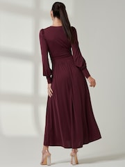 Jolie Moi Burgundy Red Long  Sleeve Soft Silky Jersey Maxi Dress - Image 2 of 6