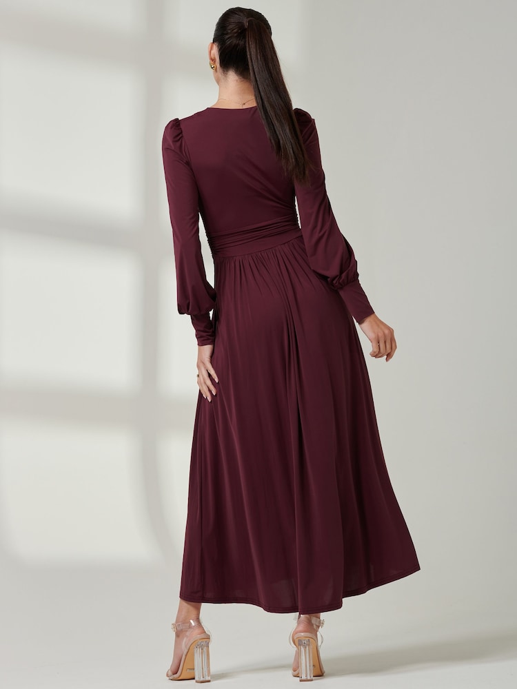 Jolie Moi Burgundy Red Long  Sleeve Soft Silky Jersey Maxi Dress - Image 2 of 6