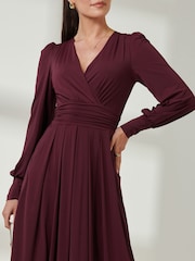 Jolie Moi Burgundy Red Long  Sleeve Soft Silky Jersey Maxi Dress - Image 3 of 6