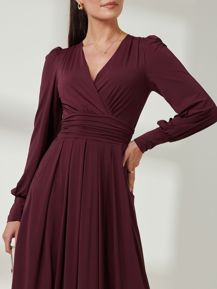 Jolie Moi Burgundy Red Long  Sleeve Soft Silky Jersey Maxi Dress - Image 3 of 6