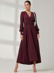 Jolie Moi Burgundy Red Long  Sleeve Soft Silky Jersey Maxi Dress - Image 4 of 6