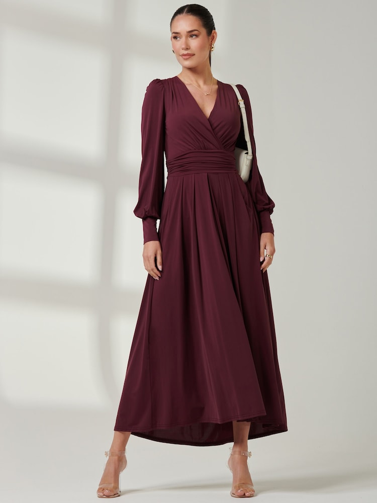 Jolie Moi Burgundy Red Long  Sleeve Soft Silky Jersey Maxi Dress - Image 4 of 6