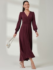 Jolie Moi Burgundy Red Long  Sleeve Soft Silky Jersey Maxi Dress - Image 5 of 6