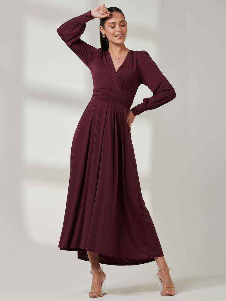 Jolie Moi Burgundy Red Long  Sleeve Soft Silky Jersey Maxi Dress - Image 6 of 6