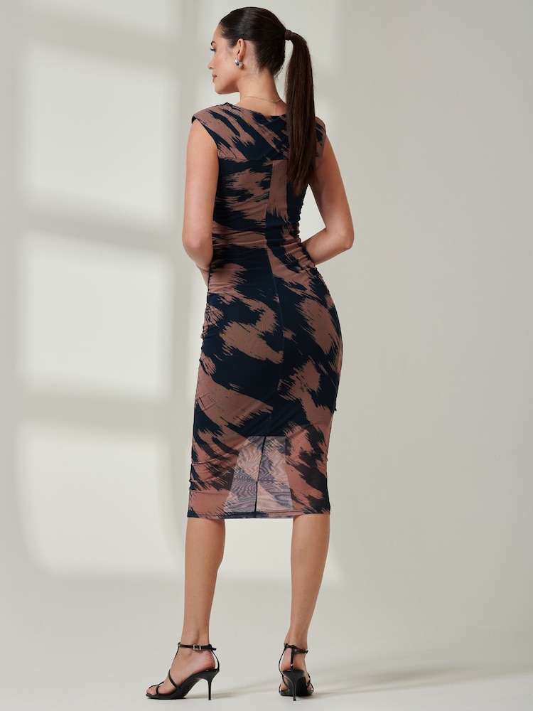 Jolie Moi Brown Mesh Shoulder Pad Bodycon Midi Dress - Image 2 of 6