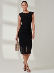 Jolie Moi Black Mesh Shoulder Pad Bodycon Midi Dress - Image 1 of 6