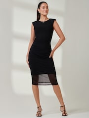 Jolie Moi Black Mesh Shoulder Pad Bodycon Midi Dress - Image 5 of 6