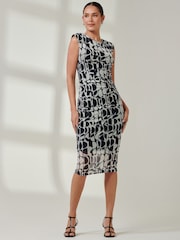Jolie Moi Blue Shoulder Pad Mesh Bodycon Dress - Image 5 of 6