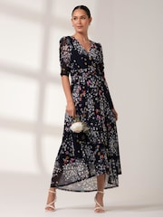 Jolie Moi Mid Blue Dasha Ruched Sleeved Mesh Maxi Dress - Image 1 of 6