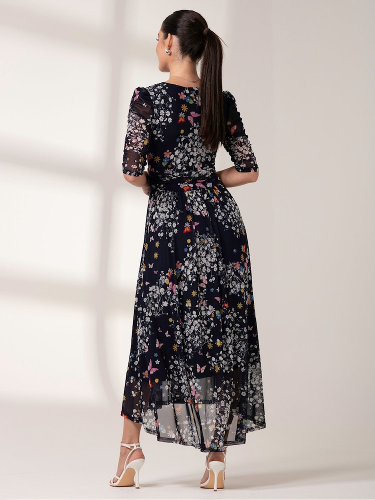 Jolie Moi Mid Blue Dasha Ruched Sleeved Mesh Maxi Dress - Image 2 of 6 Jolie Moi Mid Blue Dasha Ruched Sleeved Mesh Maxi Dress - Image 2 of 6