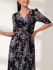 Jolie Moi Mid Blue Dasha Ruched Sleeved Mesh Maxi Dress - Image 3 of 6