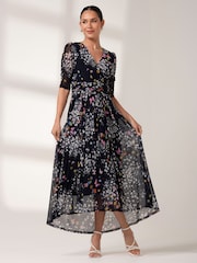 Jolie Moi Mid Blue Dasha Ruched Sleeved Mesh Maxi Dress - Image 4 of 6