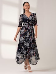 Jolie Moi Mid Blue Dasha Ruched Sleeved Mesh Maxi Dress - Image 5 of 6