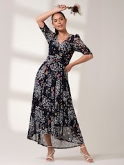 Jolie Moi Mid Blue Dasha Ruched Sleeved Mesh Maxi Dress - Image 6 of 6