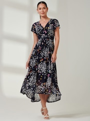 Jolie Moi Mid Blue Wrap Dip Hem Mesh Maxi Dress - Image 1 of 6