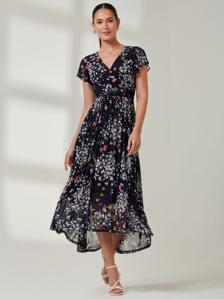 Jolie Moi Mid Blue Wrap Dip Hem Mesh Maxi Dress - Image 1 of 6